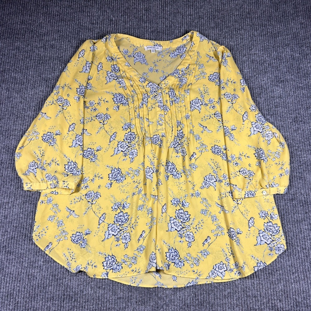 Rose + Olive Blouse Womens 2X Yellow Floral Bird Print Pleated V-Neck Top - Picture 1 of 5